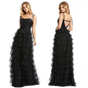 MAC DUGGAL Sequin Bustier Tier Tulle Gown in Black Size US 6